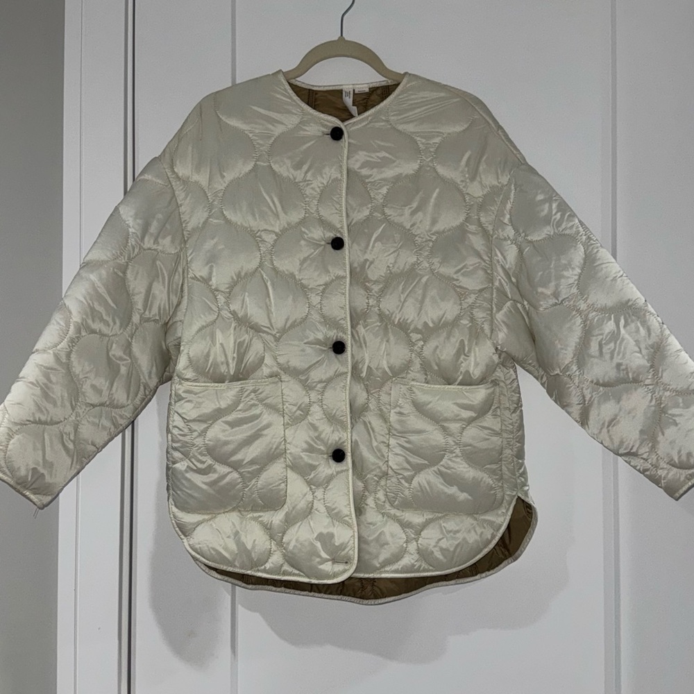Mango Cream Puffer Jacket with Black Buttons